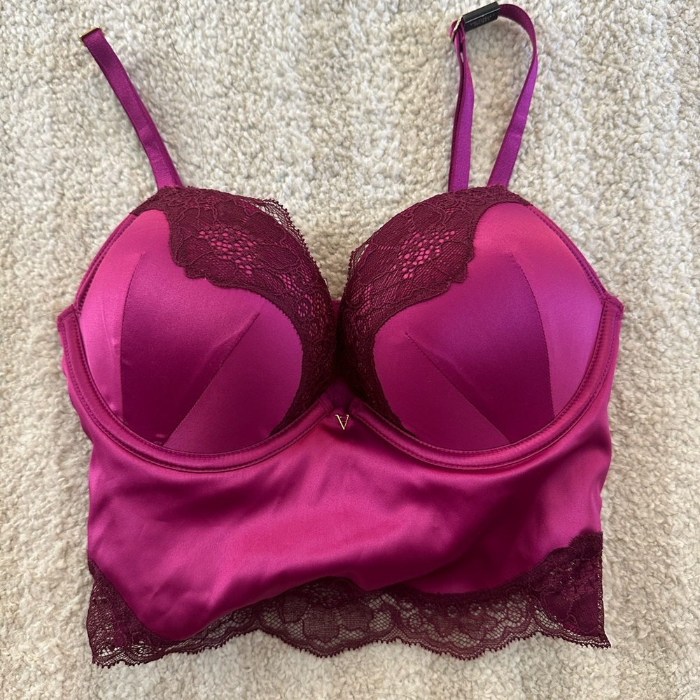 Victoria’s Secret bombshell plunge satin fuchsia, pink corset top size 32B